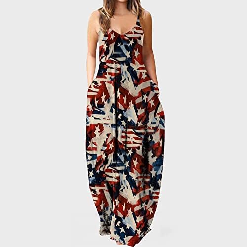 HCJKDU 4 -ти јули фустани за жени Спагети ленти без ракави V вратот Американско знаме макси фустан плажа измиштена со џебови