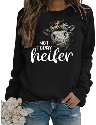 Не денес Heifer Sweatshirt женски крави печатени кошули o вратот долг ракав лабав пулвер врвови