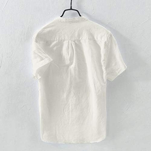 Машка машка машка памучна постелнина боја, краток ракав, ретро -случајни копчиња блуза