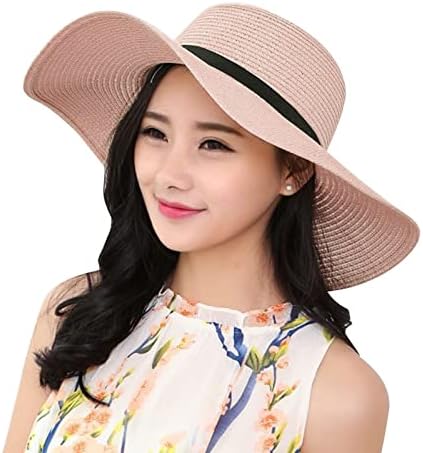 Женски сонце од слама капа широко лето лето -капа, преклопена тркалаат флопи плажа капи за жени