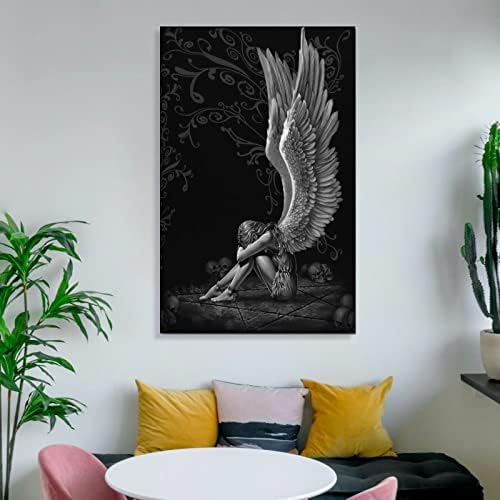 Црно-бел ангелски крилја на црно-бели ангели постери Арт Апстракт готски паднат ангел платно сликарство постери и отпечатоци од wallидни