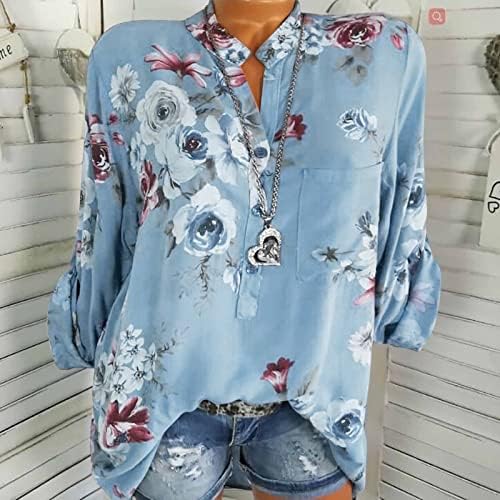 Копчиња за жени надолу Елегантни цветни маици за печатење, копче за пулвер, Хенли маичка Основни обични маички кошула блузи