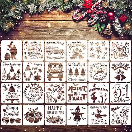 24 парчиња Ноќта на вештерките Денот на благодарноста Божиќни матрици за сликање на дрво, 5 x 5 инчи еднократно тиква вештерка