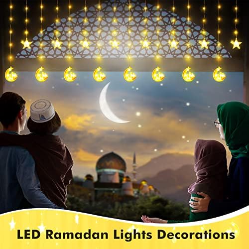 Yexiya 95 LED RamadaN Lights Decorations Star Moon Castle Curne Lights Eid Mubarak Lights со далечински управувач 8 режими на осветлување