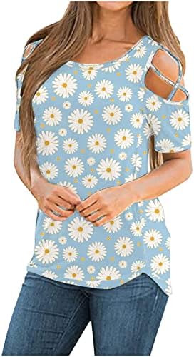 Женски цветни печати ладно рамо кошули со кратки ракави за летни летни блузи врвови на маички маички