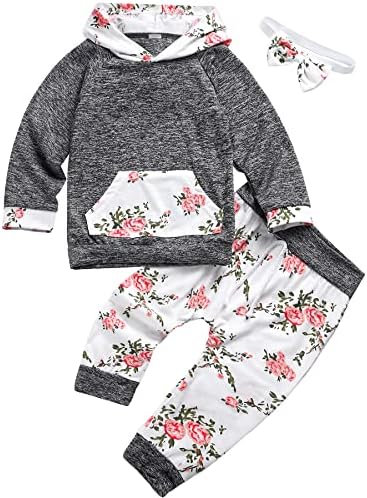 Нова бебешка облека облека со долги ракави цвеќиња качулки врвови и панталони облека поставени со џебни врвови цветни, облека за девојчиња