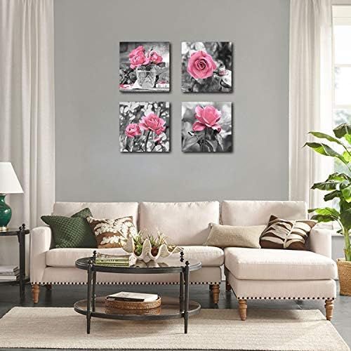 4 панел розова розова цветна wallидна уметност слики wallидни уметнички слики цветни отпечатоци на црно -бело платно wallид декорација