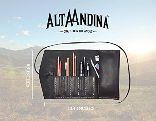 Алта Андина Кожено пенкало и молив кутија | Затемнети од зеленчук затегната кожна ролна | 5 слотови и торбичка за пенкала, четки | Организатор