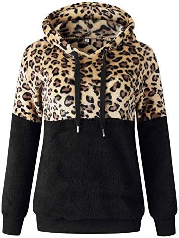 NiceOne женски нејасни руно дуксери пријатни лабави лабави леопард печати лепенка лесна качулка пулвер надворешна облека со џеб