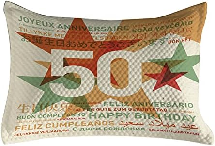 Ambesonne 50 -ти роденден ватирана перница, среќен роденден на сите јазици, позадина на ретро стил со печатење на starsвезди, стандардна