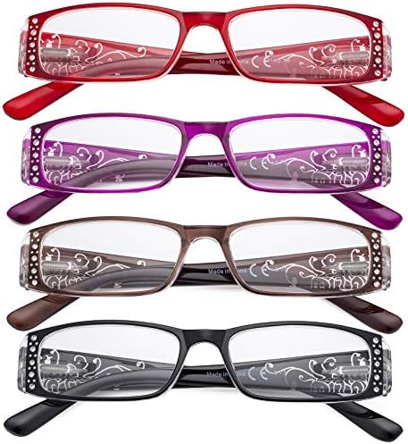 Очила за очите 4 пакувања ласерски модели за читање очила - читатели на цветни модели со кристали за жени кои читаат