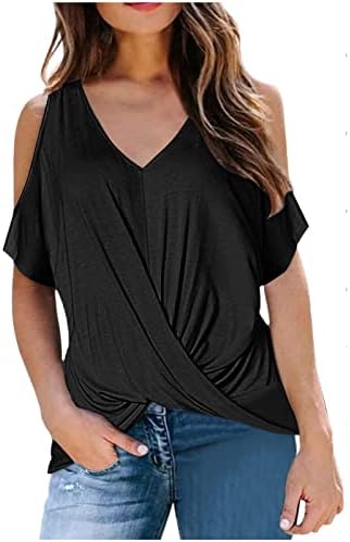 Завиткајте ја основната бренд блуза за женски кратки ракави од рамото длабоко V лажичка на вратот градиент блузи дами 2023 yz