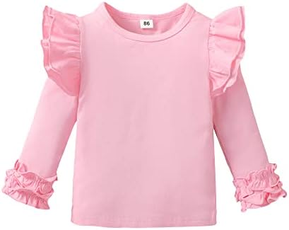 Детско бебе девојче со цврста боја маица Детска блуза обична руфла ракав врвна памучна обична облека
