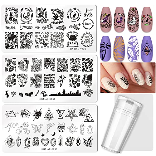 Белфин 3 парчиња нокти за стампер плоча, пеперутка лисја цветна геометрија животинска слика за нокти Уметнички образец со јасен