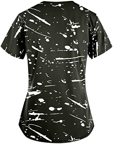 Women'sенски врвови за вратот со кратки ракави за вежбање маица печатење маица со џебови лабави обични блузи тунични врвови на армијата зелена