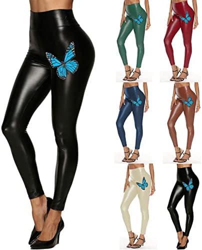 Женски затегнати кожни плочки за кожни панталони, секси пеперутка печати високи хулахопки од половината плус големина сјајни панталони