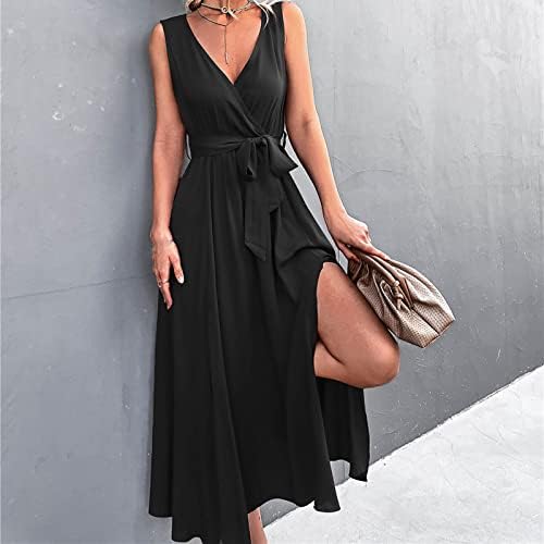Фустан за жени лето есен облека без ракави, редовно вклопување памук V врат долг основен салон фустан 5м 5м