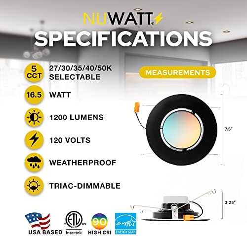 Nuwatt 6 Инчен Вдлабнати LED Retrofit Прилагодливо Осветлување, Затемнето, 16,5 Вати, 1200 Лумени, 120V, 5CCT: 27K/30K/35K/40K/50K,