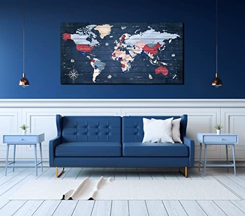 Светски мапи на haашоп за wallид - декор на сини wallидови за дневна соба - Светска мапа платно wallидна уметност подготвена