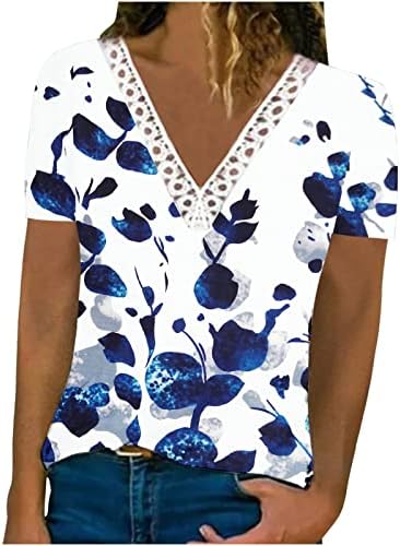 Девојки 2023 Краток Ракав V Вратот Цветни Графички Бранч Блуза Маица Fall Лето Чипка Памучна Блуза За Жени YD YD