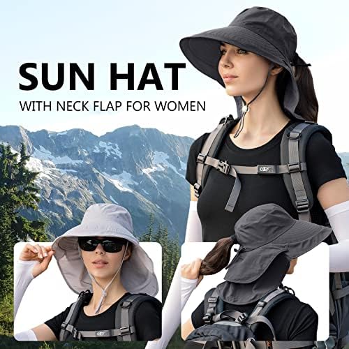 Зексиски жени Сонце капа upf 50+ Широк обром и дупка за конска опашка, пешачење сафари капа со размавта на вратот
