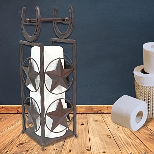 Рустикален метал, држач за тоалетна хартија и складирање хонорарно со дизајн на starвезди и потковица - декор на бања во стил на западна