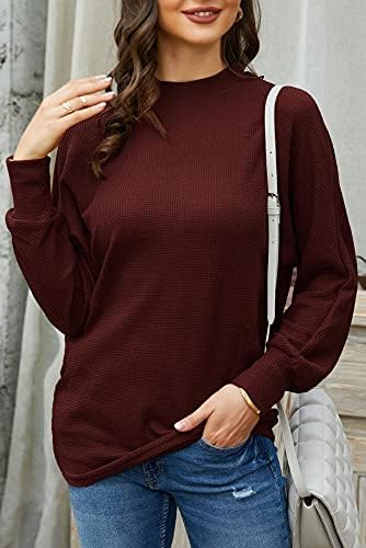 Женски исмејувачки џемпер на вратот на вратот, лесен долг ракав, цврста боја, обична лабава вафла плетена врвови