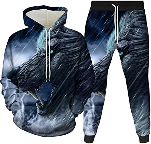Mens Tracksuit Set Hoodie Top Jogging Bathers Casual Wolf King Joggers Sports Shivesuit со џебови