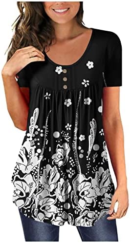 Женски врвови за туники за хеланки, цветни печатени кошули со краток ракав, шишиња на обична облека со блузи, облека 2023 трендовски