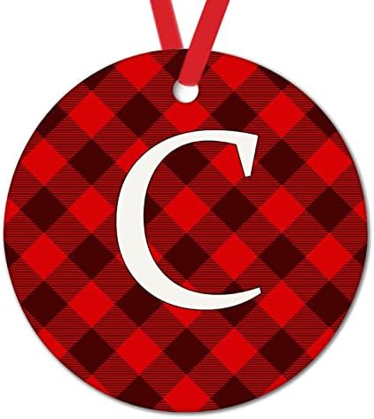 Орнамент за Божиќ Персонализирана сопствена монограм Почетна буква Ц украси Божиќни црвени карирани проверки Божиќна забава, азбучна буква