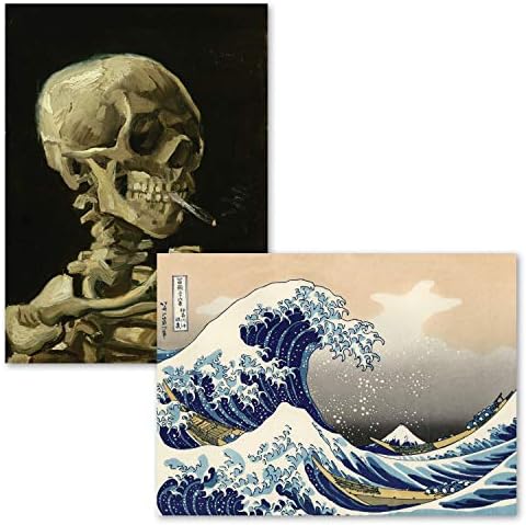 2 пакет - Скелетот од Винсент Ван Гог и Големиот бран надвор од Канагава од Кацушика Хокусаи - Печатење на ликовни постери