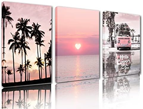 Tucocoo wallидни слики за дневна соба розови автомобили слики 3 панел платно зајдисонце плажа кокосово дрво wallид уметност лето розови