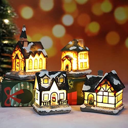 Божиќна светкава куќа, Божиќна снежна куќа Статуа Светло за украсување на домашни маси за забави за осветлување Божиќни затворени украси