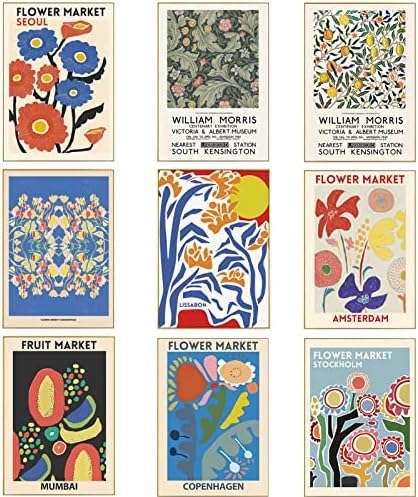 QPOUT 9PCS постер на пазарот на цвеќиња Матис wallид уметност отпечатоци естетски постери за данска пастелска соба украс дневна соба спална