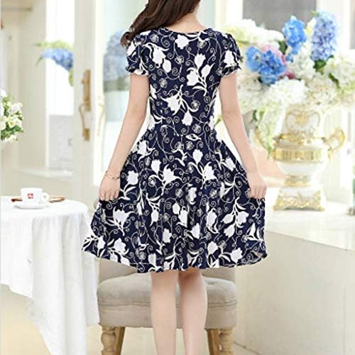 Фустан со цвеќиња на цвеќиња со цвеќиња со високи половини печатени кратки ракави ретро плетиран тркалезен врат А-линија фустан