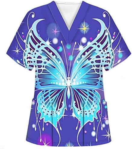 Пеперутка Печатење Чистење Маица За Жени Краток Ракав V-Вратот Нега Работна Униформа Удобна Блуза Маици Со Џеб