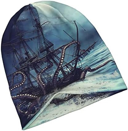 Бродот океански печатени мотиви се протегаат случајни плетени гравчиња капаче пролет и есен топли капи на отворено унисекс црно