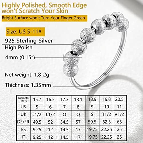 Prosilver 925 Стерлинг Сребрен фиџет прстен за жени, анти-вознемиреност отстранлив прстен од мушка, симпатична и минималистичка, големина