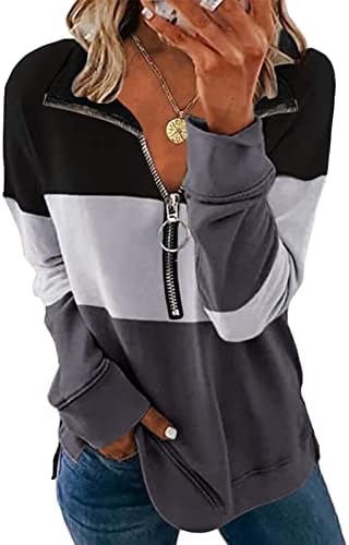 Женска боја блок џемпер со долги ракави патент лабава пулвер врвови кошули активна облека што работи јакна