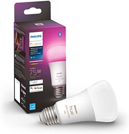 Филипс Хуе Бела И Боја Амбиент А19 Среден Лумен Паметни LED Сијалица, Bluetooth &засилувач; Zigbee Компатибилен, Компатибилен Со Алекса &засилувач;