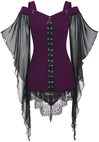 Женски кошула фустан моден готски панк стил копчиња чипка за делење неправилно полите 3/4 ракав блуза блуза врвови