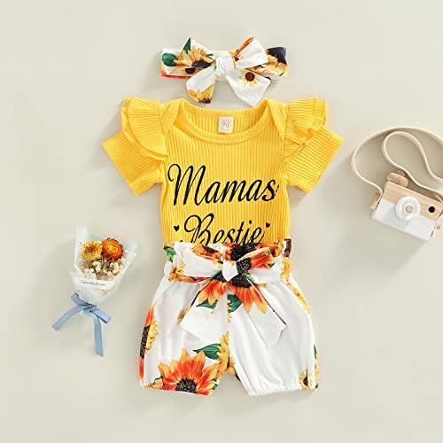 Новорова облека за девојчиња сончогледи со сончогледи со ракав за ракав со ребрести ромперски цветни шорцеви облеки поставени ленти