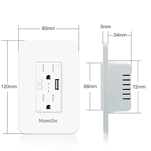 Moesgo Smart Power Wallиден излез со USB, WiFi приклучок со 2 приклучоци 15 засилувачи поделена контрола, Smart Life/Tuya App