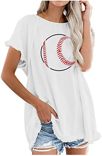 Женски плус големина Бејзбол кошули лабава маица со краток ракав летни лесни врвови лабави вклопени екипи на вратот графички мачки