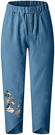 Женски постелнина панталони салон за панталони графички опуштено вклопување flвоно bellвонче, намалување на летни панталони 2023 година
