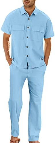 Мажите постелнина кошули поставуваат 2 парчиња облеки случајно копче надолу со кошула со краток ракав лабава панталони летни плажа костуми поставени