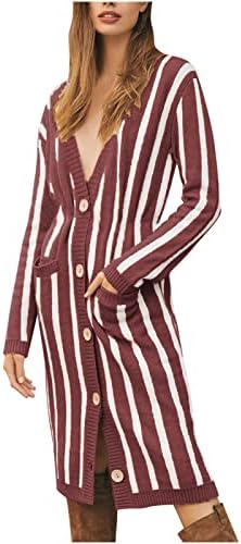 Падот на кардигани за жени 2022 Копче за облекување на џемпери со мода надолу со долг ракав Отворен преден плетен долг кардиган палто