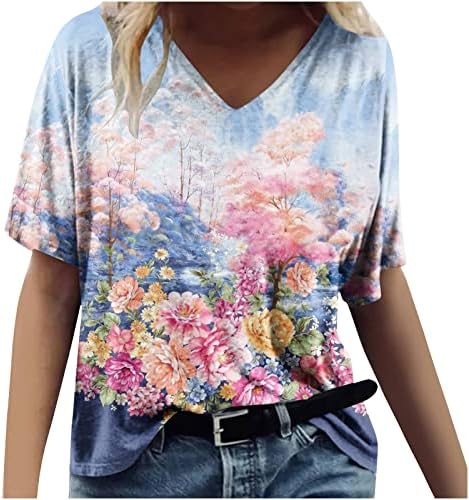 Модни маички врвови за жени облечени летни врвни обични цветни печатени садови стилски симпатичен краток ракав против вратот лабава
