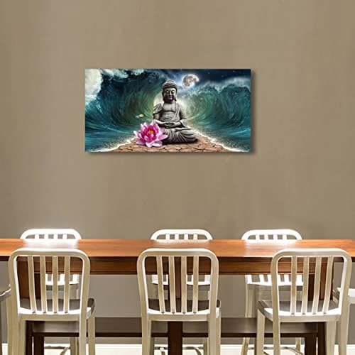 Платно wallидна уметност Буда Слики Дома украс Греј Зен во позадината на Месечината и брановите постер отпечатоци сликарство за дневна соба спална