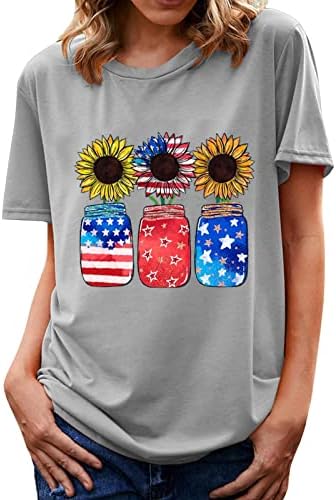 Патриотска starвезда сончогледна цветна опуштена вклопена маичка женска кратка ракав екипаж за одмор на одмор, обични врвови на маици дами